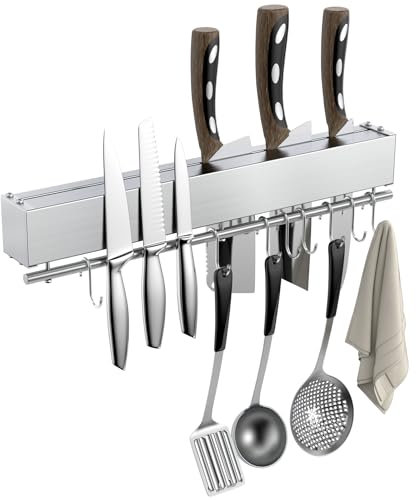 Magnetleiste Messer, 40cm Messerhalter Magnetisch mit 8 Haken, Magnet Messerhalter mit extra Starkem Magnet, inklusive Klebeband und Schrauben