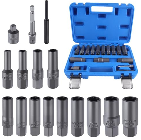 SPEEDWOX 16 Pcs Spiral Deep Bolt Extractor Set Stripped Bolt Remover Lug Nut Extractor Set Stripped Lug Nut Remover for Broken Damaged Rounded-Off Bolts, Nuts, Studs, Fittings, Threaded Tubes