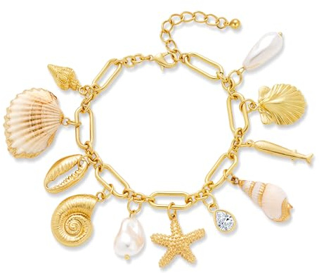 HolidayQbee Bracelet Femme en Or avec Coquillages et Charms, Accessoire Élégant avec Étoile de Mer, Cadeau Unique pour Femmes