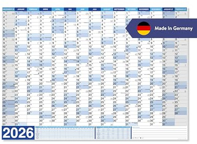 Calendario da parete XXL 2026 | 15 mesi dicembre 2025 – feb 2027 | carta 250 g/opaca | senza pieghe | incl. fasi lunari, vacanze scolastiche, festività | calendario annuale da ufficio | 140 x 100 cm