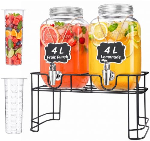 Lifewit 2 dispenser per bevande da 4 l, in vetro con rubinetto e supporto, dispenser per bevande per birra, limonata, tè, acqua, beverage dispenser con rubinetto per feste, eventi a buffet, 39 x 16 cm