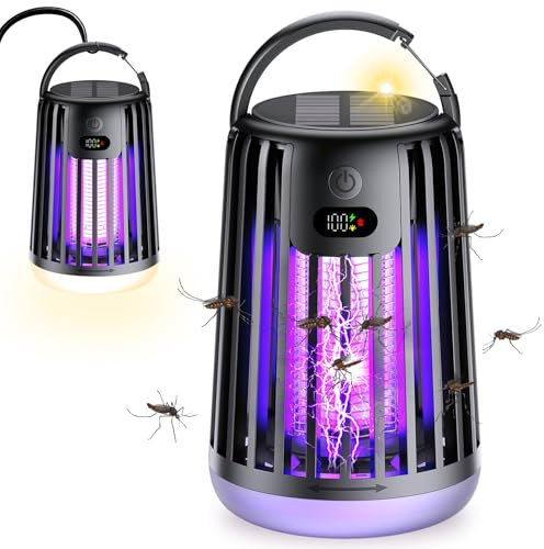 Gkstly Lámpara Antimosquitos Solar Eléctrica Matamoscas 2 en 1 Mata Mosquitos Eléctrico Exterior e Interior Recargable UV Mosquito Lámpara con Luz Nocturna LED para Jardín Patio y Camping