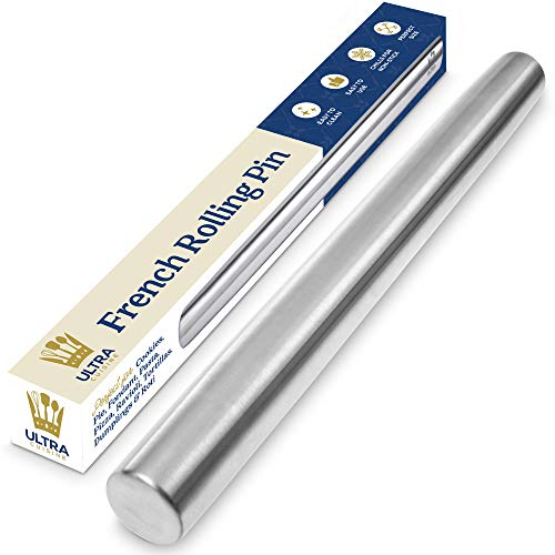 Ultra Cuisine - Mattarello professionale in acciaio inox liscio e design affusolato, ideale per fondente, crosta di torta, biscotti e pasticceria