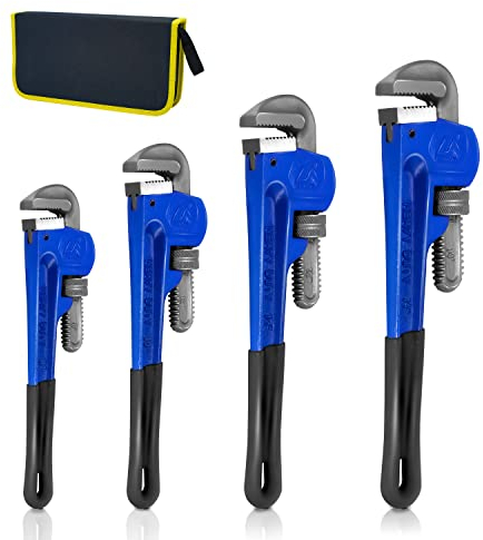 KOTTO 4 Pack Set Heavy Duty Pipe Wrench Set Heat Treated Adjustable 8, 10, 12, 14 Inches Soft Grip Plumbing Wrench Set with Storage Bag (Blue)