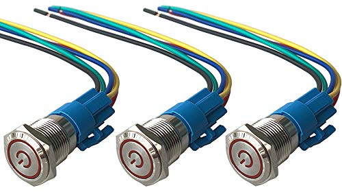 QitinDasen 3Pcs Premium 12V / 24V 5A Interruttore a Pulsante Autobloccante, 19mm Interruttore a Pulsante in Metallo con LED Rosso, Interruttore Avviamento Auto in Acciaio Inossidabile impermeabile