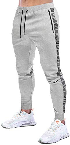 MakingDa Tracksuit Bottoms Men Slim Fit Tapered Joggers Gym Pants Skinny Sweatpants Running Training Sports Trousers with Zip Pocket-4-Grey-L