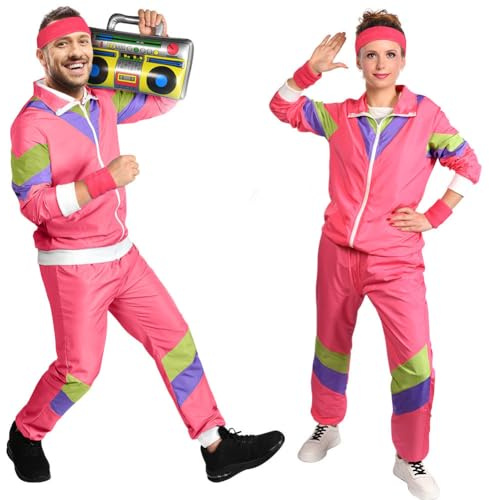 Aomig Disfraces Años 80 Hombre Mujer, Disfraz Chándal Años 80, Rosa-L | Disfraces Años 80 con Diadema Muñequera, Chándal Retro para Rockstar Carnaval Halloween Cosplay Fiestas Neón Jogging