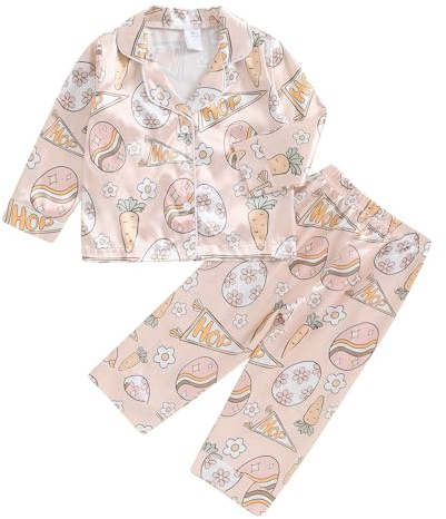 HodJIU Toddler Baby Boy Girls Easter Pyjama Bunny Pjs Sets Long Sleeve Button Down Shirt Top Wide Leg Pants Kids Loungewear 2 Pieces (Egg Carrot, 4-5 Years)