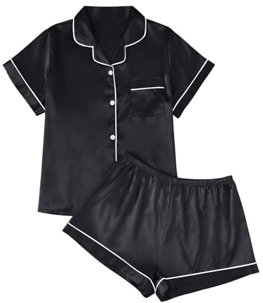 LILLUSORY Silk Satin Pajama Set for Women 2 Piece Lounge Pjs Winter Matching Summer Sleepwear Button Down Shirt Shorts Black M