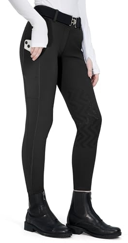 FitsT4 Sports Girls Winter Riding Breeches Kids Fleece Horse Riding Pants Knee-Patch Equestrian Schooling Tights Pockets Black Small