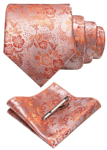JEMYGINS Set Cravate Homme Motif Floral avec Pochette et Pince a Cravate pour Mariage Business et Ceremonie Rose/Aprikose