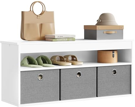 WOLTU Sitzbank mit Sitzfläche, Schuhbank mit Stauraum, Flurbank mit 3 Stoffschubladen, offenem Fach, Bettbank, für Flur Schlafzimmer, 102x45x30 cm, Holzwerkstoff, Weiß