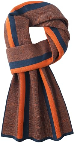 Herbst Winter 6% Wolle Herrenschal Gestrickter Schal Strickschal Wolleschal für Herren Mode Schick Casual Business - Schmal Gestreift Dunkelblau & Orange