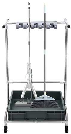 Mop and Broom Holder, Movable Floor-Mounted Mop Rack, Multifunctional Cleaning Tool Trolley with 12 Foldable Hooks, Broom Holder Mop Holder, Floor Standing Cleaning Tool Cart