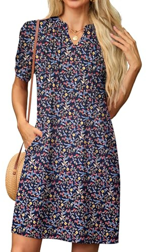 GRECERELLE Robe d'été pour femme à manches courtes et col en V - Robe fourreau - T-shirt - Mini robe tunique - Robes pour femmes - Robe courte légère - Robe de loisirs - Robe de plage avec poches, L