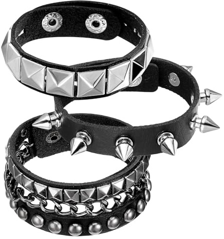 Sorcristy 3PCS Spiked Bracelets, Punk Rock Studded Bracelet Set, Spike Leather Bracelet for Men, Arm Cuff Jewelry for women, 80s Accessories, Unsex Alternative Jewelry, Emo Accessories