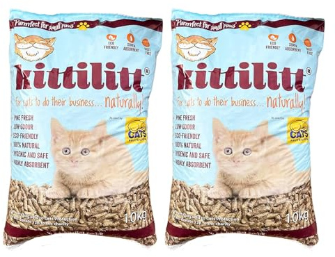KittiLitt Premium 100% Natural Wood Pellet Cat Kitten Litter - Highly Absorbent Eco Friendly Pine Fresh Scented Low Odour Sustainable Softwood Woodbase Home Kitty Litter Tray Wooden Pellets - 2 x 10kg