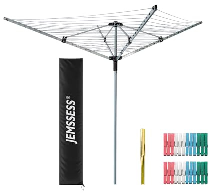 JEMSSESS 4 Arm 60m Rotary Washing Line, Outdoor Clothes Airer with Ground Spike & Protective Cover, UV-Resistant & Non-Slip Lining, Smooth Turns Umbrella System (Grey Pole)