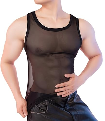 DUOYIJIN Men's Sheer Mesh Vest Top Sexy See Through Sleeveless Fitness Undershirt Round Neck Muscle Tank Tops Novelty Lingerie Party Clubwear Music Festivals Rave Outfits | Sexy See Through Round Neck Muscle Tank Tops Novelty Sissy Underwear Music Festival Outfits Crossdresser Lingerie for Men