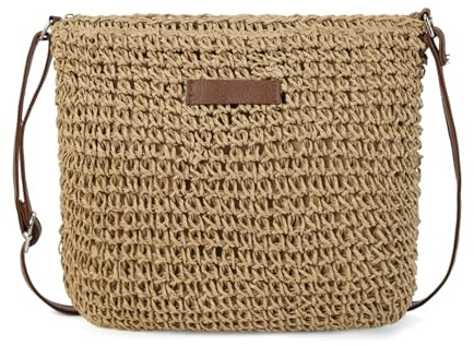 Gladdon Sac en paille pour femme - Sac à bandoulière - Style bohème - Tissé à la main - Sac de plage - Sac de loisirs - Sac d'été léger pour les vacances, la plage, le quotidien, marron