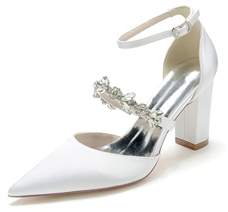 HFWXYSA Zapatos de Novia para Mujer Satén Blanco Tacón Ancho Punta Estrecha con Pedrería Tira al Tobillo Elegantes Zapatos para Boda Fiesta,Blanca,37 EU