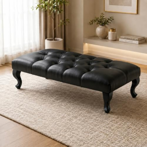 Aiza Chesterfield Leather Footstool Bench Black Legs 102cm - Black Leather | Versatile footstool, bench or coffee table, comfortable padded seat, premium velvet or leather finish and Black legs