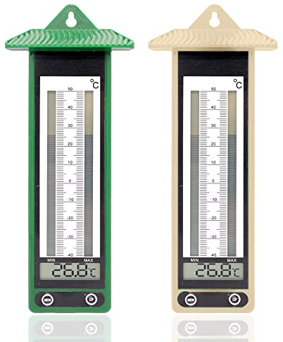 Termómetro digital de pared para exteriores y jardín - 2 piezas - Termómetro Mini Maxi - Pantalla digital - Temperaturas extremas (-40 °C / +50°C) - 22 cm x 9 cm - Plástico - Beige & Verde