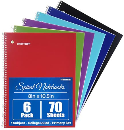 Mintra Office Spiral Notebooks, Wirebound, Journals for School, Work, Business, Aesthetic Stationery, Writing Pads, Teacher & Student Supplies (6, Solid Color, College)