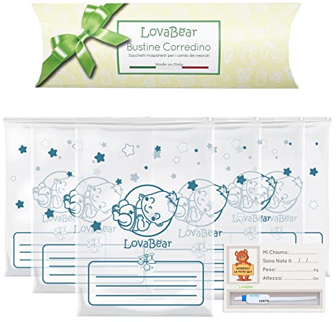 Lovabear 6 Bustine Corredino Neonato – Sacchetti, Buste Ospedale Nascita, Chiusura con Cursore Ermetico GripLock, 6pz Trasparenti Porta Primo Cambio Vestiti Borsa Parto, Bimbo