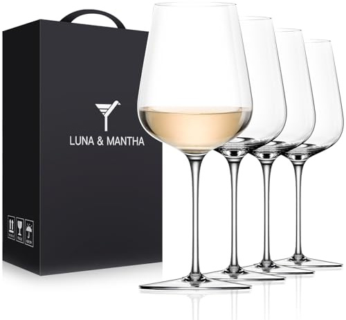 LUNA & MANTHA White Wine Glasses Set of 4, Crystal Wine Glasses with Stem, Hand Blown 14oz, Perfect for Red，White Gift Packaging for Daily Use, Father's Day, Wedding Anniversary or Birthday
