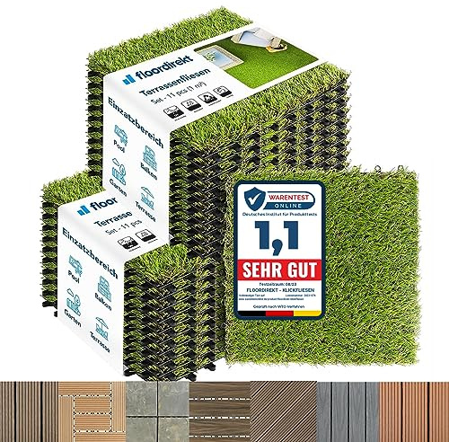 Floordirekt baldosas de césped artificial 30x30cm 2m² = 22 piezas para terrazas, balcones - revestimiento de suelo exterior, baldosas clic con función de drenaje | Grass