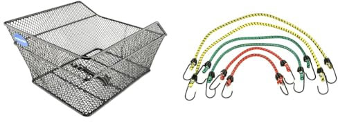 FISCHER Gepäckträgerkorb School, Fahrradkorb, engmaschig & Meister Gepäckspanner-Set 6-teilig - 3 Längen: 30 cm, 45 cm & 60 cm