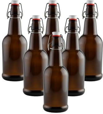 FastRack Swing Top Glass Bottles 16 oz – Pack of 6 | Amber Flip Top Glass Bottles with Airtight Lids | Resealable Grolsch-Style Fermentation Bottles for Kombucha, Beer, Mead, Soda, Vinegar & Water