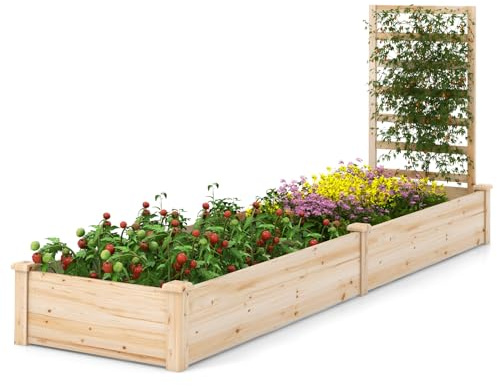 GOPLUS Jardinera con enrejado, bancal alto con enrejado, jardinera con suelo abierto, enrejado de madera de abeto, bancal de hierbas para patio, terraza (235 x 63 x 102 cm)