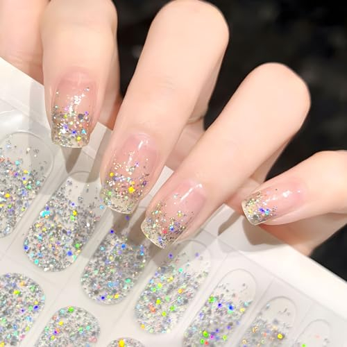 22pcs Silver Glitter Semi Cured Gel Nail Strips - Self-Adhesive Nail Wraps