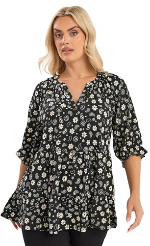 Yours Curve Floral Paisley Print Tiered Top - Women's - Plus Size Curve Black
