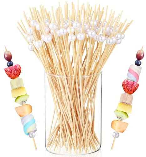 LOYIM 100 Pcs 8 Inch Long Cocktail Picks Fancy Toothpicks for Appetizer Bamboo Cocktail Sticks for Drink Dessert Fruit Barbecue Pearl Skewers for Party Decor Charcuterie Boards Accessories (White)