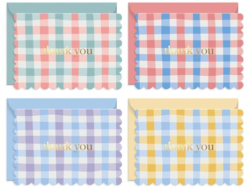 S&O Gingham Thank You Cards with Envelopes - Blank Greeting Card for Handwritten Messages - 3.5x5 Thank You Notes Set of 36 - Assorted Thank You Cards with Color Envelopes to Mix & Match