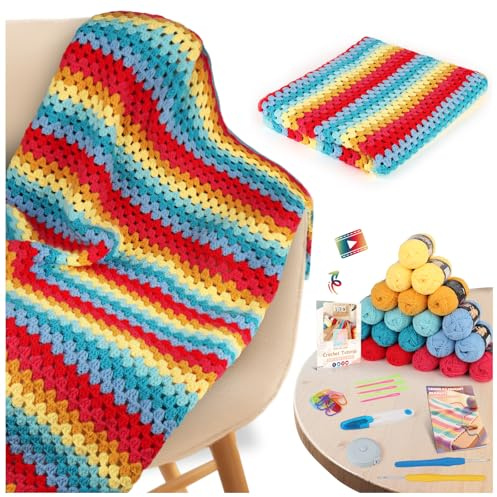 Kit de Manta de Ganchillo Aeelike para Principiantes, Manta de Cuadrados Granny Gradiente Arcoíris, Kit Completo de Inicio de Ganchillo de 44 Piezas con Instrucciones Amigables para Principiantes
