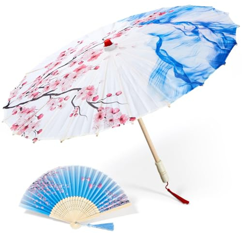 Maitys 2 Pcs Silk Wedding Oiled Parasol and Hand Fan Set 32 Inch Silk Cloth Umbrella Chinese Japanese Bamboo Folding Fan for Bridal Church Party Gifts Performance Dancing Decoration
