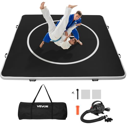 VEVOR 10x10 ft Wrestling Mat Inflatable, Martial Arts Thick Mat for Home Gym Exercise, PVC Foldable Training Mats with Circles and 600W Air Pump, for Gymnastics, Tatami, Jiu Jitsu BJJ MMA Judo, Black