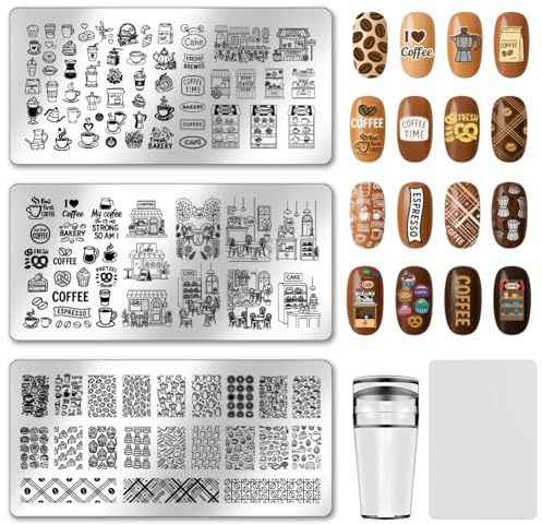 PH PandaHall 3 placas de estampado de uñas con temática de café, postre, plantillas de arte de uñas, granos de café, sello de uñas de acero inoxidable, placas de imagen para mujeres, manicura, salón