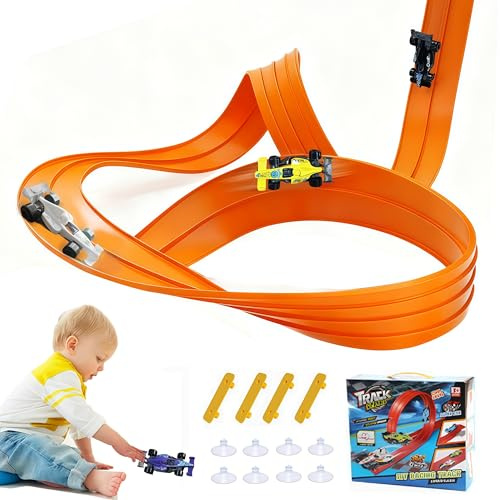 DiiWmme Flexible Race Car Track, 5m Portable Dual Lane Toy Car Ramp with 4 Cars and 12 Suction Cups, Compatible with Hot Wheels, Diecast 1/64 Cars, for Kids Ages 3+