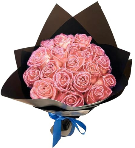 Bouquet de roses brillantes 1 Ensemble de bouquet rose artificiel réaliste comprend 12 fleurs, 12 tiges, 2 papier d'emballage et 2 ruban romantiques fleurs éternelles pour le mariage, la Saint-