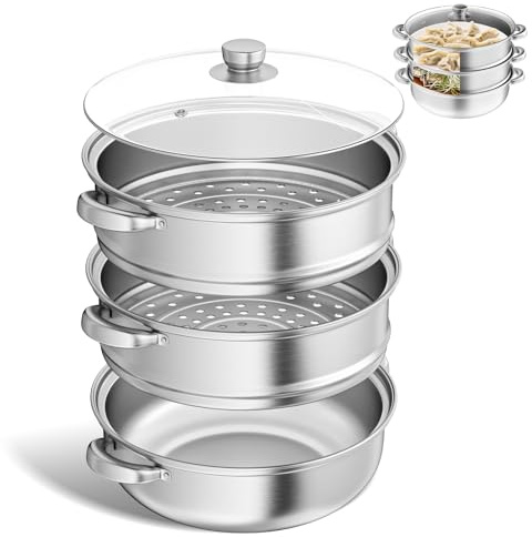 Vaporiera per cucinare Pentola per cottura a vapore in acciaio inossidabile da 28 cm con cestello per cottura a vapore, pentole a 3/4/5 livelli con coperchio per cucinare verdure, zuppe (3 livelli)