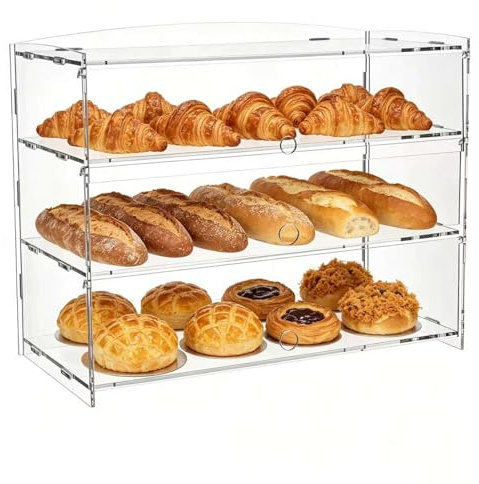 Cake Display, 3-Tier Acrylic Bakery Display Case with Rear Sliding Doors | 5mm-Thick Clear Dustproof Pastry Cabinet for Displaying Bread, Donuts, Cookies and Desserts on Countertops