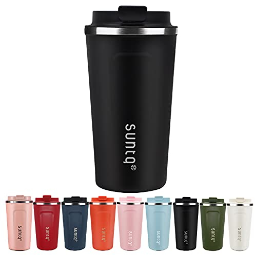 SUNTQ Reusable Coffee Cups Travel - Coffee Travel Mug with Leakproof Lid - Thermal Mug Insulated Cup - Stainless Steel Coffee Travel Cup - for Hot and Cold Drinks, 18oz/510ml, Black