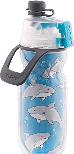 O2COOL Mist 'N Sip Kids Misting Water Bottle 2-in-1 Mist And Sip Function With No Leak Pull Top Spout Kids Water Bottle Sports Water Bottle - 12 oz (Sharks)