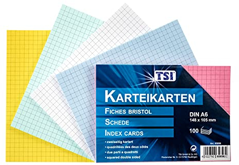 TSI Karteikarten A6 farbig sortiert, 100er Packung, kariert, Größe: DIN A6 (148 x 105 mm), Art. Nr. 65856