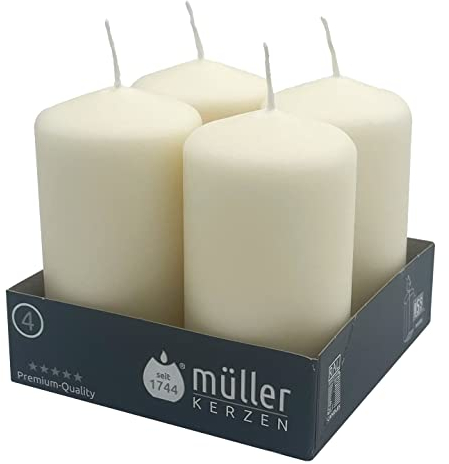 Müller Stumpenkerzen - Creme/Elfenbein - 4 Stück - Ø 48 · 90 cm - Brenndauer 16 Stunden - Unparfümierte - Deko, Kerzen für Haushalt, Feiern und Gastronomie
